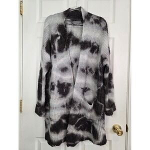 Anthropologie Tie Dye Cardigan Sweater Black Grey Open Front Longline Womens XS